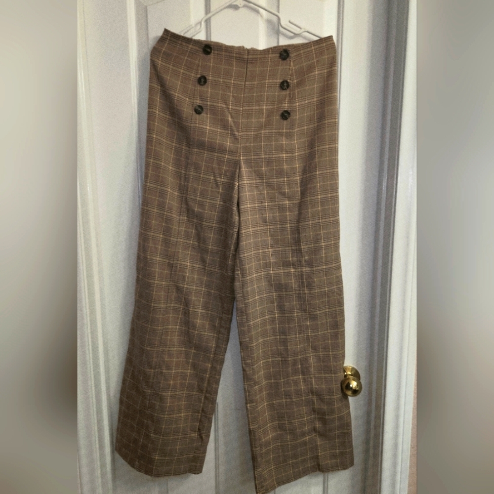 Forever 21 Plaid Wide-Leg/baggy Pants with Button Detail High-Waist Pants